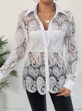 Дамска елегантна дантелена риза с дълги ръкави Темпераментно дамско ежедневно облекло Дамска мода Полупрозрачни блузи с ревер