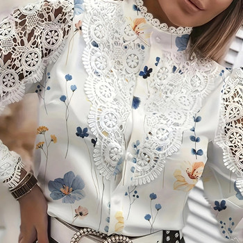 Модни ретро бели дантелени дамски ризи с дълъг ръкав 2024 Есенни копчета Горнища и блузи с флорални щампи Дамски топ Femme Риза