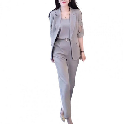 3 db/szett női öltöny V nyakú ujjatlan mellény fél ujjú hajtóka üreges kabát magas derekú hárem nadrág egyszínű formális