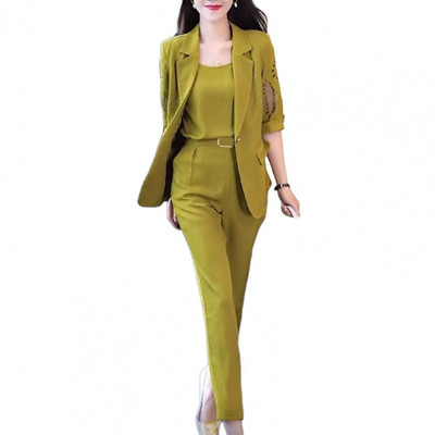 3 db/szett női öltöny V nyakú ujjatlan mellény fél ujjú hajtóka üreges kabát magas derekú hárem nadrág egyszínű formális