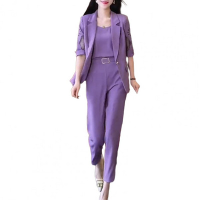 3 db/szett női öltöny V nyakú ujjatlan mellény fél ujjú hajtóka üreges kabát magas derekú hárem nadrág egyszínű formális