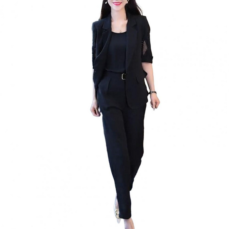 3 db/szett női öltöny V nyakú ujjatlan mellény fél ujjú hajtóka üreges kabát magas derekú hárem nadrág egyszínű formális