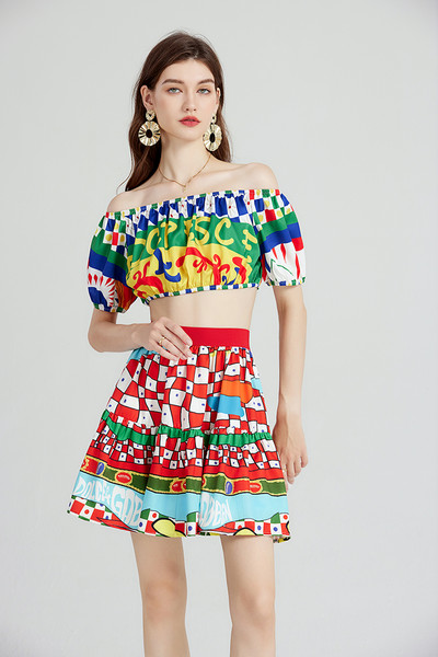 JAMERARY Runway lilleline kaheosaline komplekt naistele Suvine seksikad kärbitud topid, printimiseks joon Maxi pikad seelikud, mis sobivad rannavarustusega