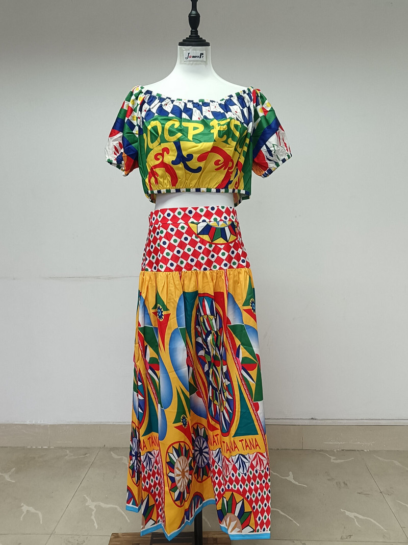 JAMERARY Runway lilleline kaheosaline komplekt naistele Suvine seksikad kärbitud topid, printimiseks joon Maxi pikad seelikud, mis sobivad rannavarustusega