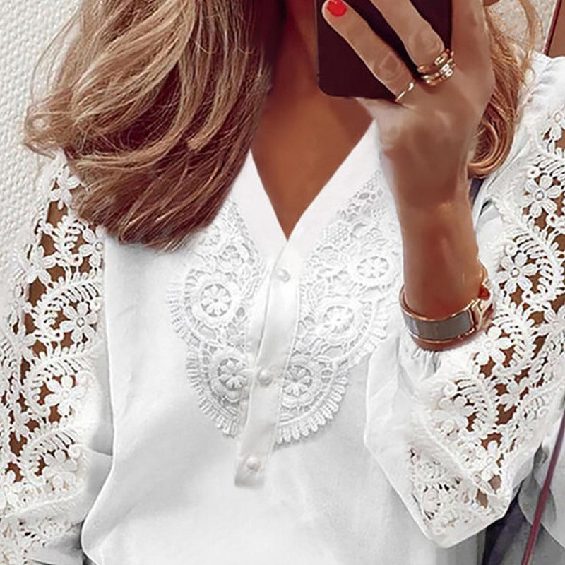blusas para mujer Spring Solid Button Lace Splice Naiste särk, valge naiste Blusas De Mujer Bonitas Y Baratas Blusas Mujer