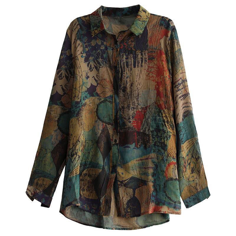 2024. gada pavasara rudens apdrukas sieviešu krekls ar garām piedurknēm ar polo kakla izgriezumu, brīvs, vispiemērotākais retro stila vienrindas blūze, sieviešu apģērbs