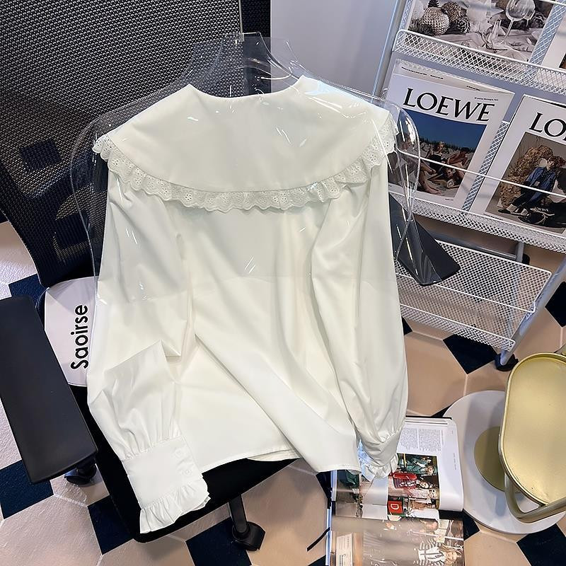 Csipke ingek Női S-3XL Peter Pan gallér Édes főiskola japán stílusú Ins Egyszerű, mindenhez illő alkalmi tavaszi fodrok divat Ulzzang