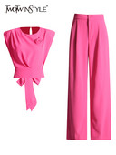 TWOTWINSTYLE`i elegantne kaheosaline komplekt naistele O kaelaga, varrukateta, pitsitud vest kõrge vöökohaga laia säärega pükste šikid komplektid naistele