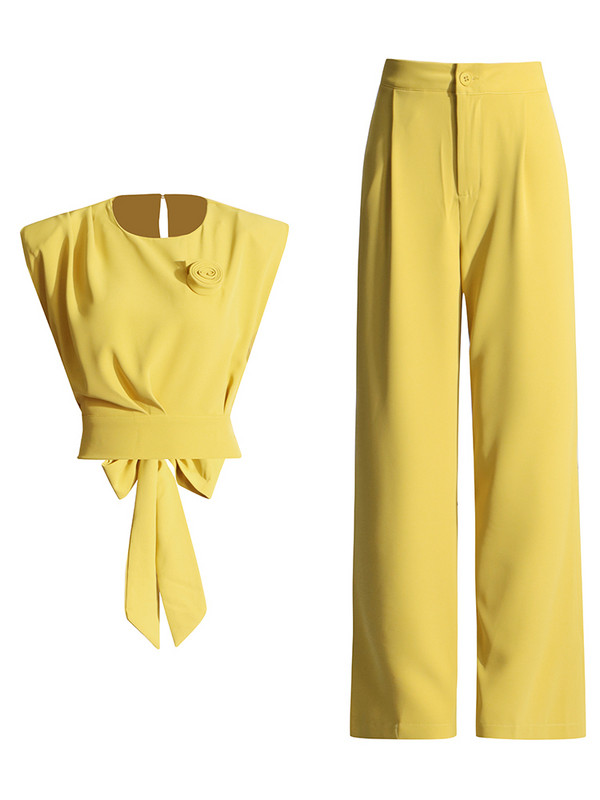 TWOTWINSTYLE`i elegantne kaheosaline komplekt naistele O kaelaga, varrukateta, pitsitud vest kõrge vöökohaga laia säärega pükste šikid komplektid naistele