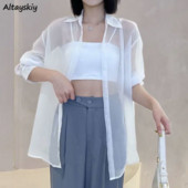 Átlátszó ingek Női S-5XL Nyári Napálló koreai Stílus Szilárd Öt színben Vékony női Temperament Alkalmi Vintage Divat