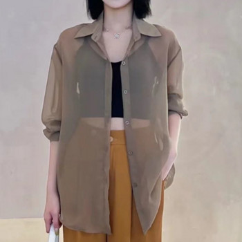 Прозрачни ризи Дамски S-5XL Летни устойчиви на слънце корейски стил Едноцветни универсални 5 цвята Тънки дамски темперамент Ежедневни ретро модни