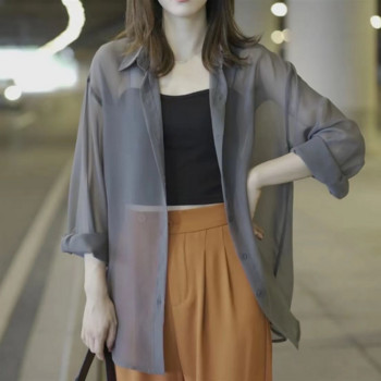 Прозрачни ризи Дамски S-5XL Летни устойчиви на слънце корейски стил Едноцветни универсални 5 цвята Тънки дамски темперамент Ежедневни ретро модни