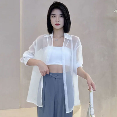 Átlátszó ingek Női S-5XL Nyári Napálló koreai Stílus Szilárd Öt színben Vékony női Temperament Alkalmi Vintage Divat