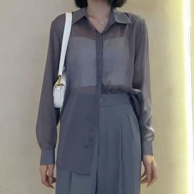 Átlátszó ingek Női S-5XL Nyári Napálló koreai Stílus Szilárd Öt színben Vékony női Temperament Alkalmi Vintage Divat