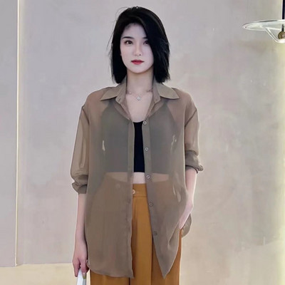 Átlátszó ingek Női S-5XL Nyári Napálló koreai Stílus Szilárd Öt színben Vékony női Temperament Alkalmi Vintage Divat