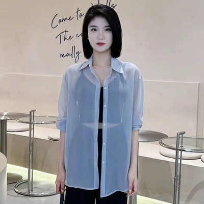 Átlátszó ingek Női S-5XL Nyári Napálló koreai Stílus Szilárd Öt színben Vékony női Temperament Alkalmi Vintage Divat