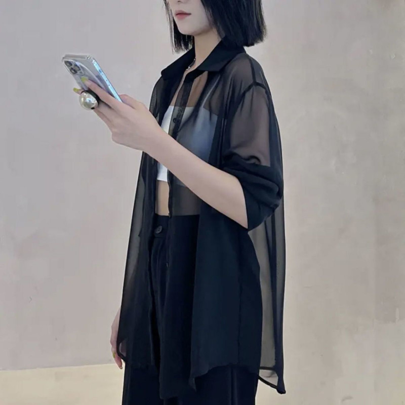 Átlátszó ingek Női S-5XL Nyári Napálló koreai Stílus Szilárd Öt színben Vékony női Temperament Alkalmi Vintage Divat