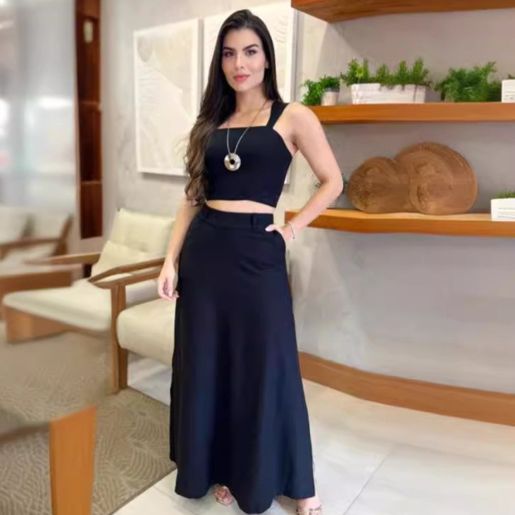 Divdaļīgi komplekti Sieviešu svārku komplekts Sling, īsi topi Bez piedurknēm, vienkrāsaini, šauri, gari svārki, ikdienišķs ar augstu vidukli 2024. gada pavasarī