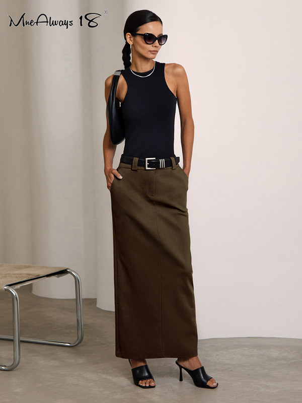 Mnealways18 Szürke, magas derekú hosszú szoknyák Elegáns Női Rakott, Klassz hasított egyenes szoknyák Irodai Lady Midi szoknyák Tavaszi Nyári