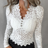 Top sieviešu pavasara modes Gigota piedurknēm ķemmīšgliemeņu apdares mežģīnes ikdienišķa V veida kakla vienkrāsains, garām piedurknēm, ikdienas t-krekls, Y2K labākie apģērbi