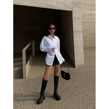 MEXZT S-3Xl Елегантни бели ризи Дамско улично облекло Черна туника Блузи с дълъг ръкав Офис дама Корейска мода Тънък универсален топ
