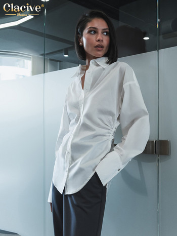 Модна бяла памучна дамска блуза Clacive 2023 Елегантни офис ризи с дълъг ръкав с ревер Ежедневни шикозни едноцветни дамски дрехи