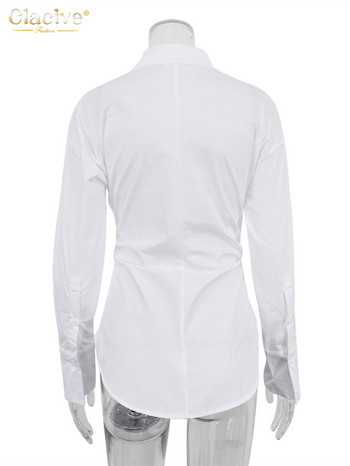 Модна бяла памучна дамска блуза Clacive 2023 Елегантни офис ризи с дълъг ръкав с ревер Ежедневни шикозни едноцветни дамски дрехи