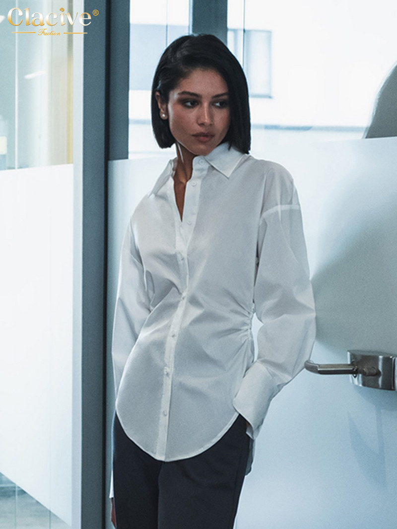 Clacive divat fehér pamut női blúz 2023 elegáns hajtóka hosszú ujjú irodai ingek Alkalmi elegáns, tömör felső női ruházat