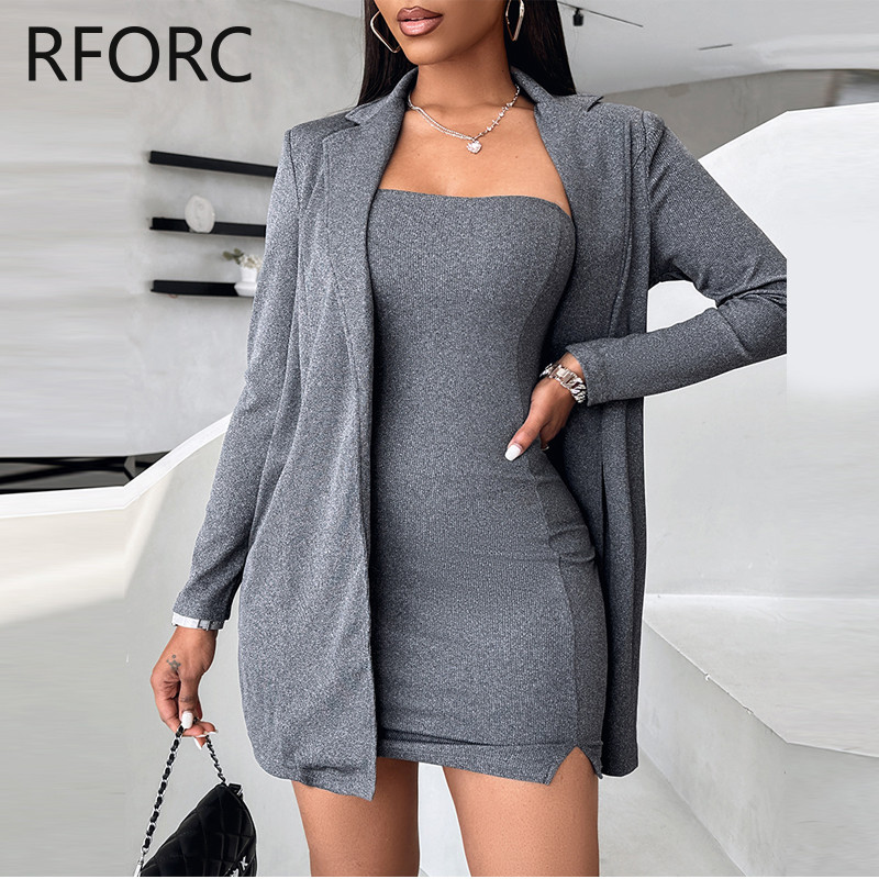 2024. aasta naiste sälguga kaelusega Olkaimeta kleit kaheosalise bleiserkleidi sees