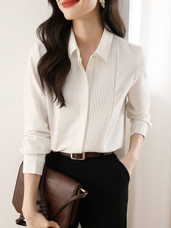 2024 Висококачествени шикозни модни плисирани блузи с акордеон Дамски корейски ретро офис дами OL Бели ризи Топове Blusas Mujer