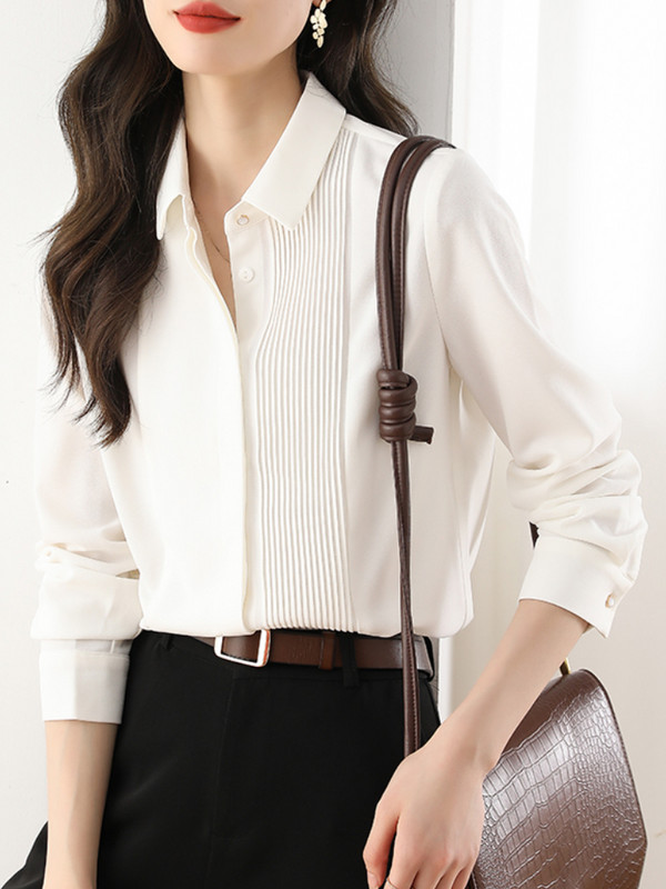 2024 Kvaliteetne šikk mood akordion plisseeritud pluusid naiste korea vintage kontorinaised OL valged särgid topid Blusas Mujer