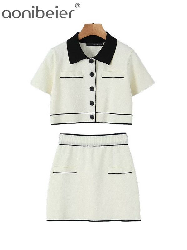 Aonibeier Y2K Patchwork Naiste kardigan kootud kostüümid Traf 2024 kevad lühikeste varrukatega õhuke jakk Crop top naiste miniseeliku komplektid