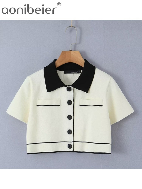 Aonibeier Y2K Patchwork Naiste kardigan kootud kostüümid Traf 2024 kevad lühikeste varrukatega õhuke jakk Crop top naiste miniseeliku komplektid