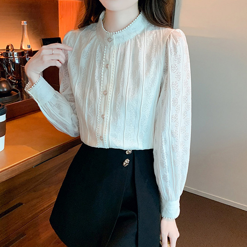 Sárgabarack csipke vintage blúz ing tavaszi őszi hosszú, felfújt ujjú, álló gallér Szexi blúz női elegáns alap felső ing