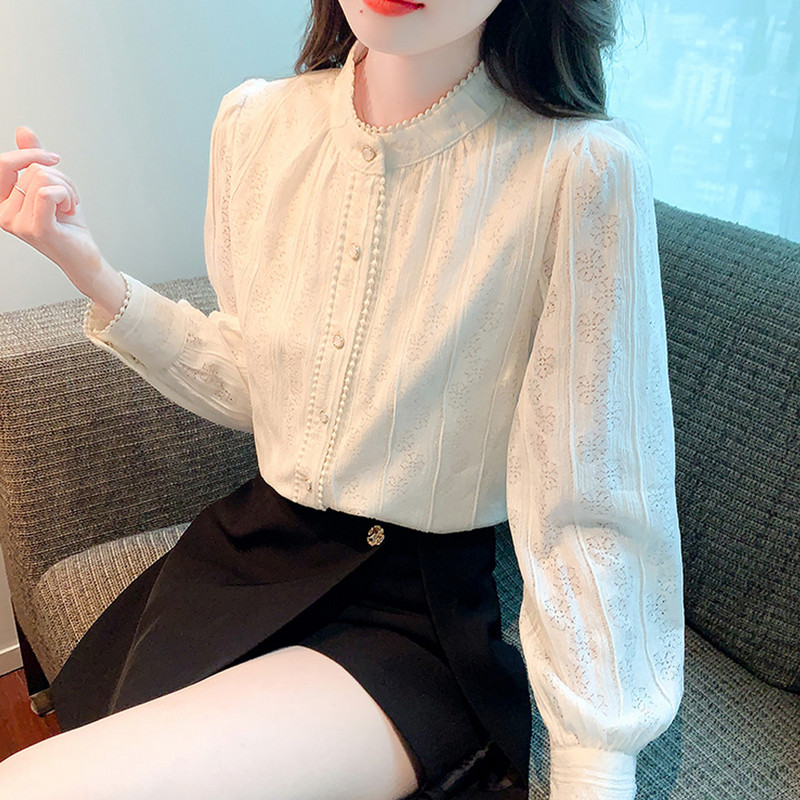Sárgabarack csipke vintage blúz ing tavaszi őszi hosszú, felfújt ujjú, álló gallér Szexi blúz női elegáns alap felső ing