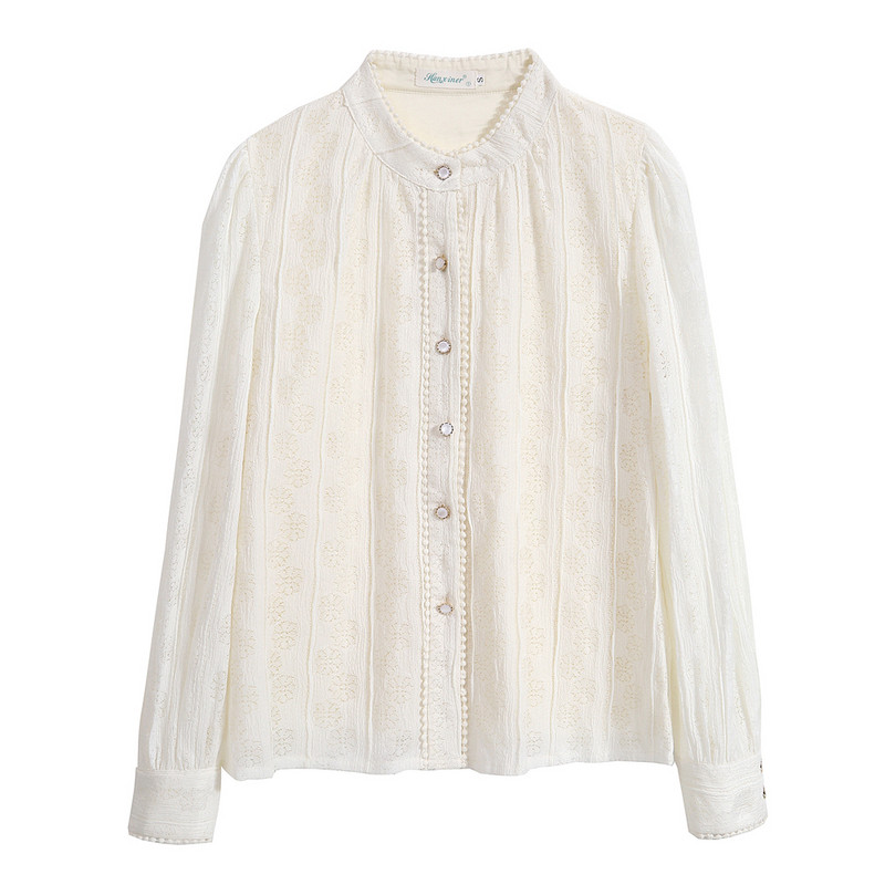 Sárgabarack csipke vintage blúz ing tavaszi őszi hosszú, felfújt ujjú, álló gallér Szexi blúz női elegáns alap felső ing