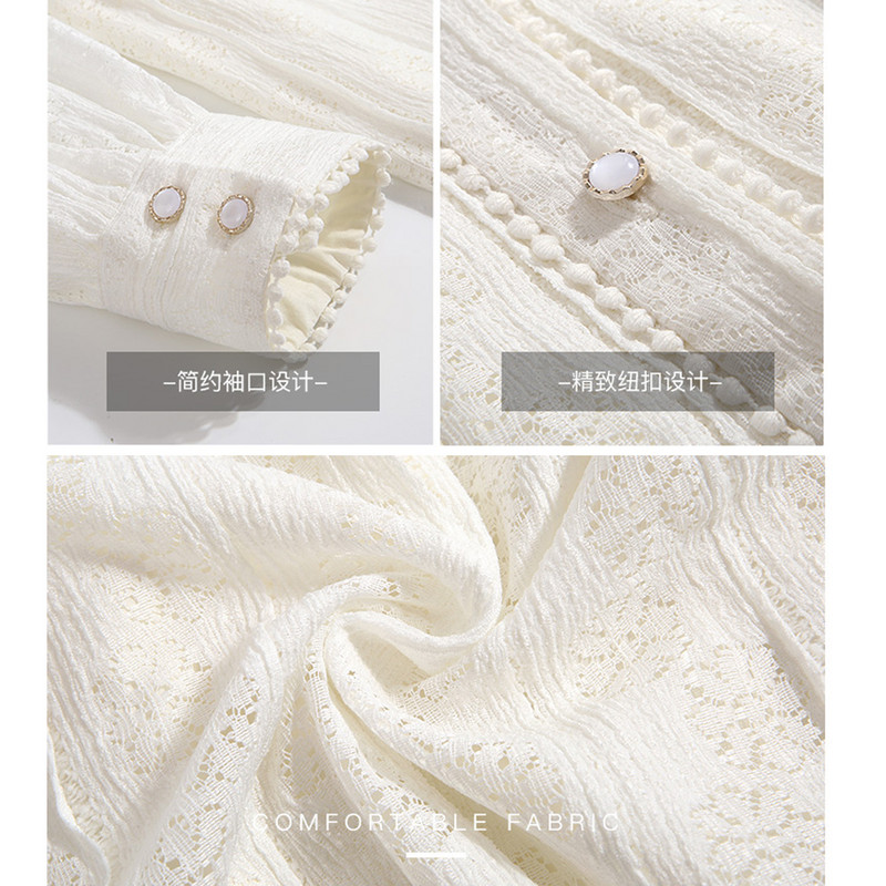 Sárgabarack csipke vintage blúz ing tavaszi őszi hosszú, felfújt ujjú, álló gallér Szexi blúz női elegáns alap felső ing