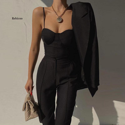 2022 Office Lady mustad pükskostüümid, naiste rihmaga korsett, Crop tops ja kõrge vöökohaga püksid, kaheosaline komplekt