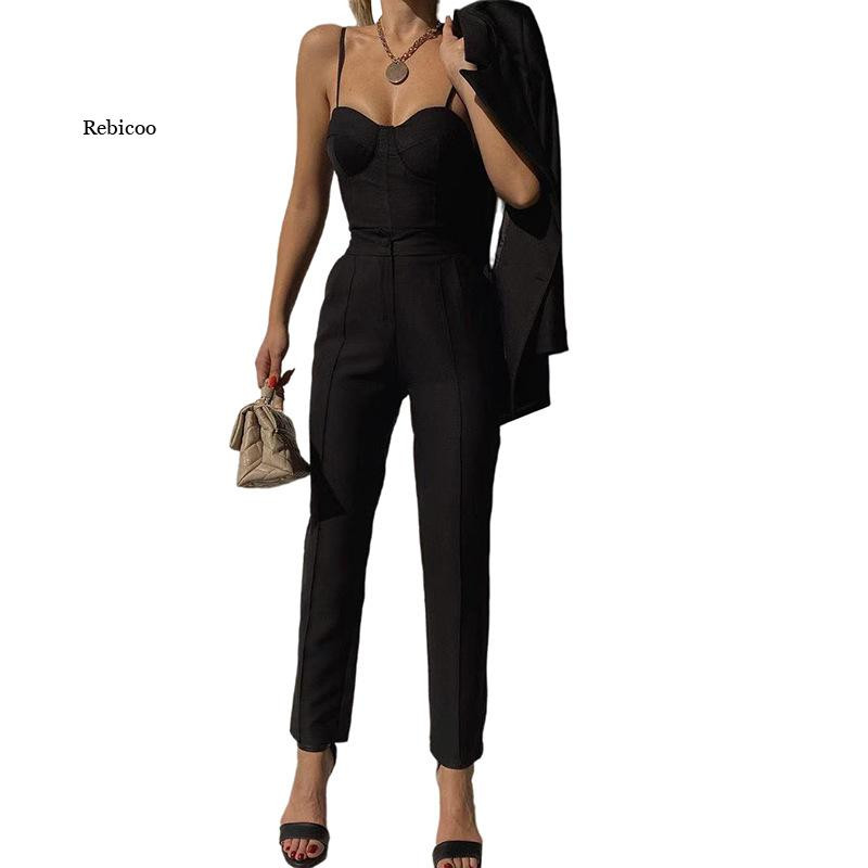 2022 Office Lady fekete nadrágkosztüm tréningruha női pántos fűző Crop felsők és magas derekú nadrág kétrészes szett