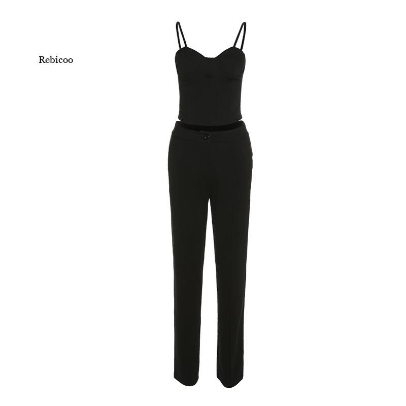 2022 Office Lady fekete nadrágkosztüm tréningruha női pántos fűző Crop felsők és magas derekú nadrág kétrészes szett