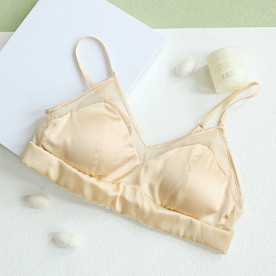 Háromszög eperfa selyembéléses melltartó női drótmentes szatén selymes vékony komfort szexi, állítható párnázott melltartó kis mellre