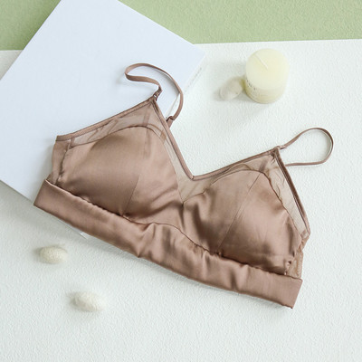Háromszög eperfa selyembéléses melltartó női drótmentes szatén selymes vékony komfort szexi, állítható párnázott melltartó kis mellre
