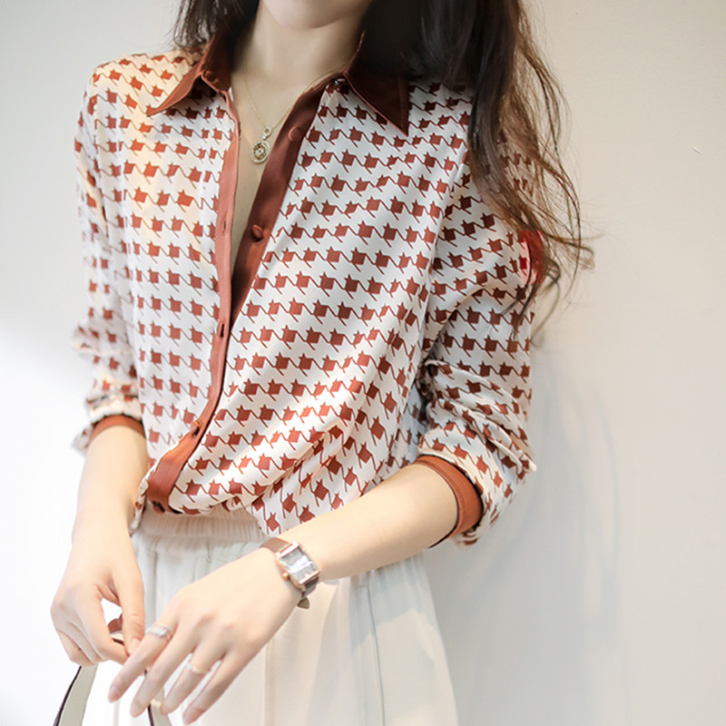 Modes eleganti sieviešu krekli suņu zobu apdruka Sieviešu blūzes 2022 Pavasaris Rudens ar garām piedurknēm Topi krekli Blusas Mujer