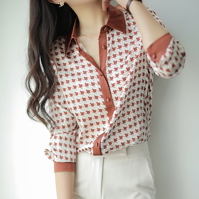 Modes eleganti sieviešu krekli suņu zobu apdruka Sieviešu blūzes 2022 Pavasaris Rudens ar garām piedurknēm Topi krekli Blusas Mujer