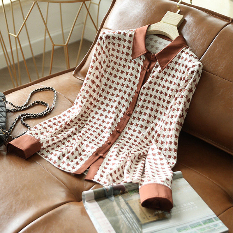 Modes eleganti sieviešu krekli suņu zobu apdruka Sieviešu blūzes 2022 Pavasaris Rudens ar garām piedurknēm Topi krekli Blusas Mujer