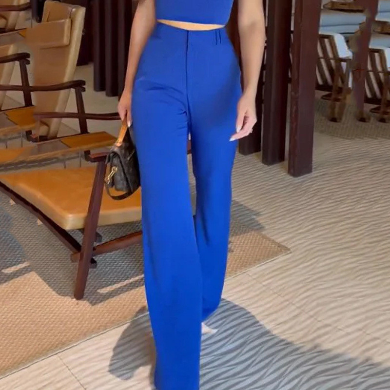 Elegants sieviešu Y2k Crop augšējais un plats bikšu komplekts veste ar platām kājām bikšu komplekti divdaļīgs uzvalks pavasara vasara ar augstu jostasvietu bikšu uzvalks