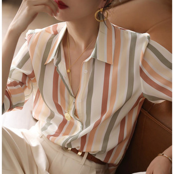 Дамска риза с райета Сатенена ретро риза за жени Есенни дрехи за 2023 г. Корейски модни ризи и блузи Базови елегантни дамски топове