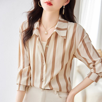 Корейска раирана риза за пътуване до работното място Дамско облекло Ежедневно свободно едноредно закопчаване 2024 Пролет Лято Модна универсална блуза с поло деколте