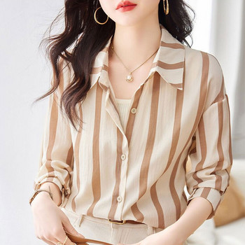 Корейска раирана риза за пътуване до работното място Дамско облекло Ежедневно свободно едноредно закопчаване 2024 Пролет Лято Модна универсална блуза с поло деколте
