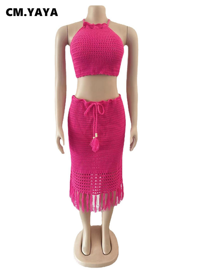 CM.YAYA Beach Knit See Though női két 2 részes szett ruhák Halter Neck Crop Top és Tassel Midi szoknya öltöny 2023 új ruhakészlet